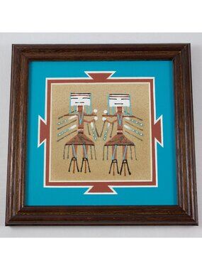 Navajo Art Sandpainting Double Corn Yei by Wilton Lee Framed Matted 7x7"